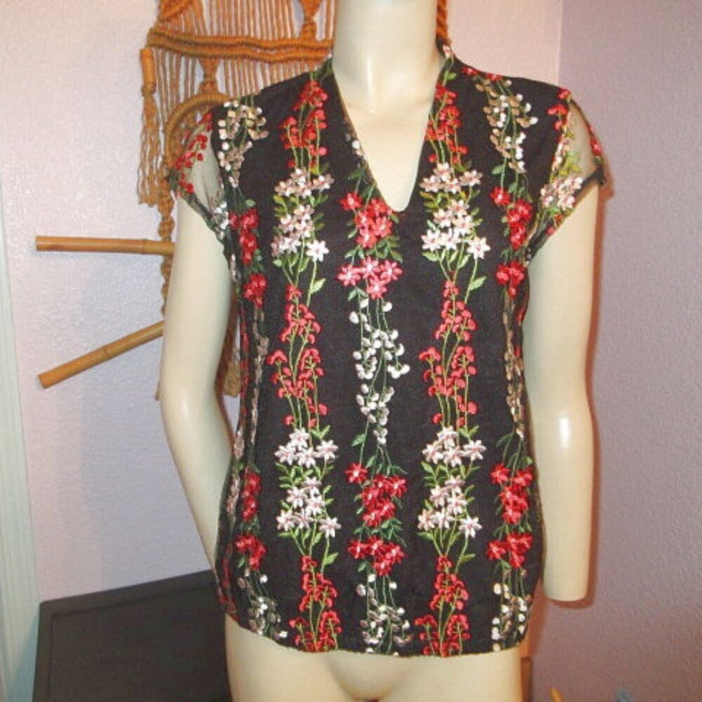 Liz Claiborne Folkloric Dark Floral Embroidered Blouse Top M Sheer Mesh Whimsy